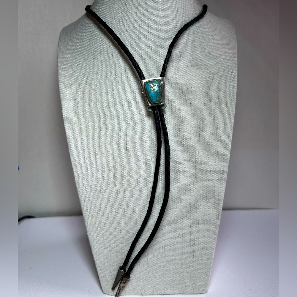 Vintage Native Turquoise Bolo Tie Sterling Silver 925 Bezel & Tips Leather Cord